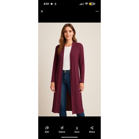 Plus Size XXL Plum Ribbed Knit Long Duster Cardigan Open Front Maxi Sweater - Picture 3 of 6